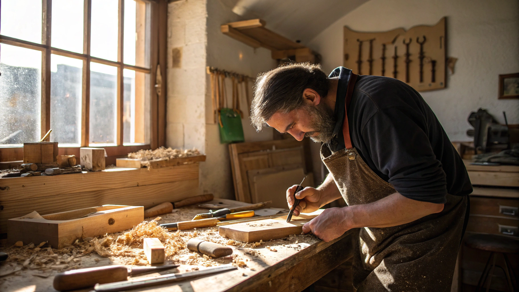 Woodworker crafting traditional mortise and tenon joint on solid oak workbench